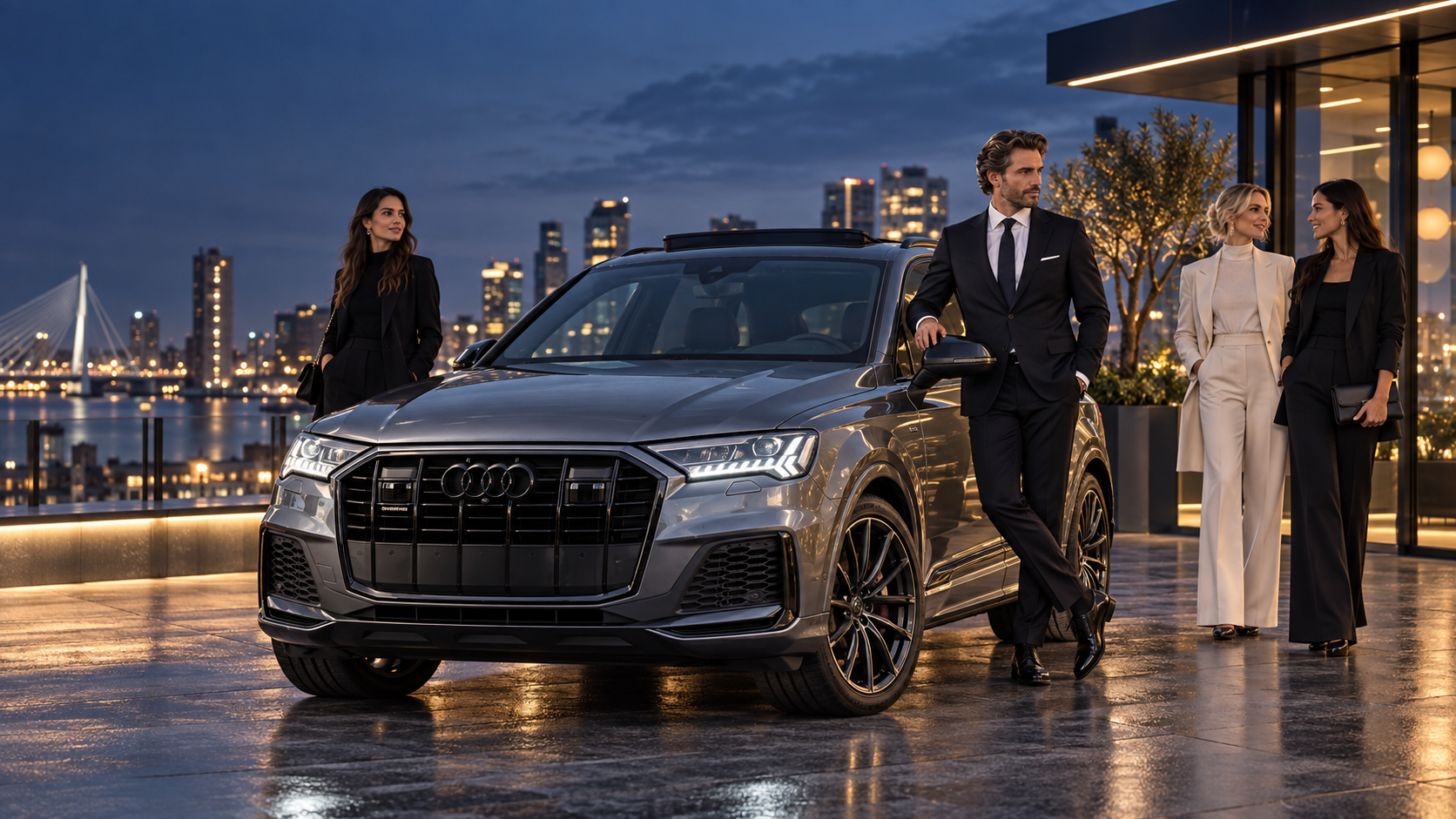 AI-sfeerbeeld van een grijze Audi Q7 bij een luxe zakelijke avondsetting