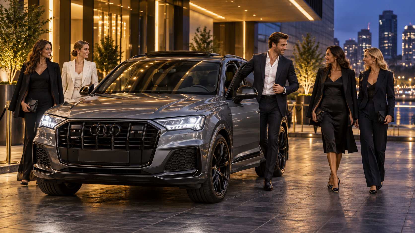 AI-sfeerbeeld van een grijze Audi Q7 bij een luxe avondarrangement